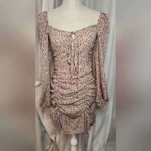 New Shein Tie Neck Drawstring Knot Ruffle Hem Ditsy Floral Dress Size XS